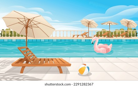 Hotel swimming pool or resort outdoor wooden lounger umbrella inflatable flamingo and ball vector illustration