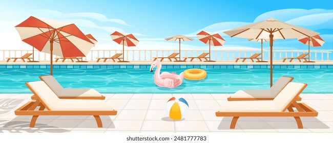 Hotel swimming pool or resort outdoor with wooden lounge and umbrellas. Inflatable circle and flamingo in water. Clear blue sky on background vector illustration