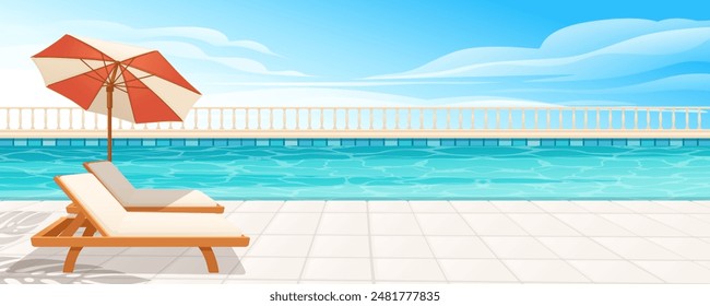 Hotel swimming pool or resort outdoor with wooden lounge and umbrella. Clear blue sky on background vector illustration