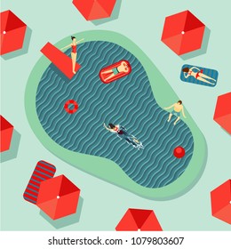 Hotel swimming pool top view with people on a rest. Men and women bathe and sunbathe. Flat vector illustration.