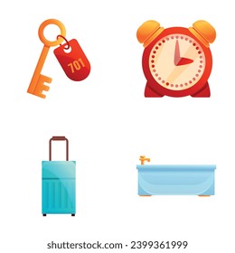 Hotel symbol icons set cartoon vector. Hotel accessory and equipment. Service sector, tourism