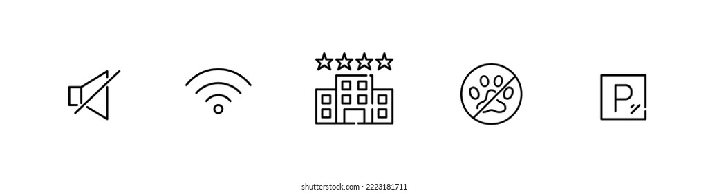 Hotel symbols. Soundproof or no noise, wi-fi, no pets allowed, parking. Pixel perfect, editable stroke art