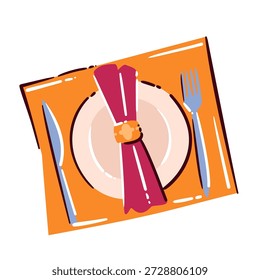Hotel table setting with plate, cutlery and napkin, hospitality and dining service symbol for hotel restaurant, room service and catering visuals. Cartoon vector illustration, modern simple design.