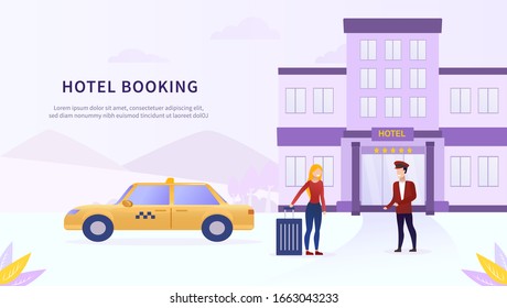 Hotel taxi cab service concept. Tourist arrives by taxi to the hotel. A mobile application for booking a taxi. Landing Page. Flat Vector Illustration