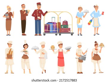 Hotel Team. Professional Service Staff, Waiter, Hospitality People, Kitchen Workers. Cartoon Cleaner And Receptionist, Tourism Occupations Decent Vector Set