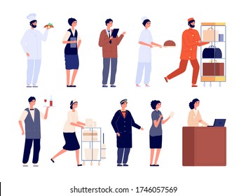 Hotel team. Worker staff, hospitality job employee. Isolated flat manager cleaner receptionist doorman. Restaurant service vector characters