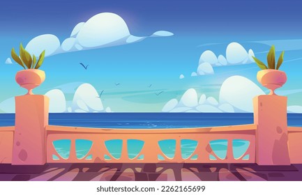 Terraza del hotel vacía con vistas al mar y nubes en el cielo. Verano fondo vectorial del balcón del palacio indio paisaje oceánico, pájaros voladores. Balustrada en un patio antiguo, plantas verdes. Diseño de salón barroco