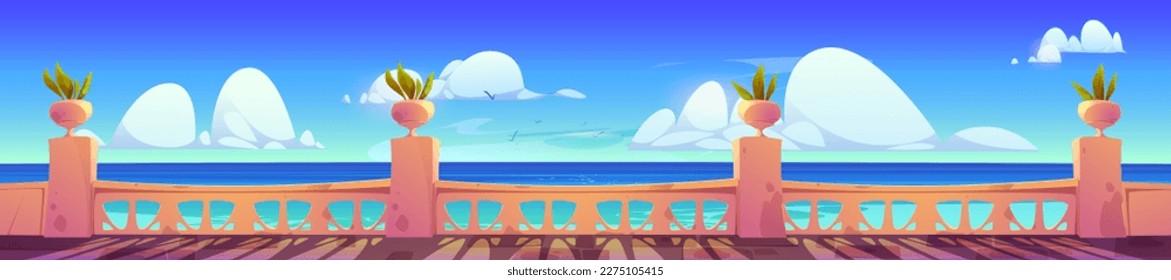 Hotel terrace empty view with sea and cloud in sky. Summer vector background of indian palace balcony ocean landscape. Balustrade on ancient patio with green plant. Baroque lounge design