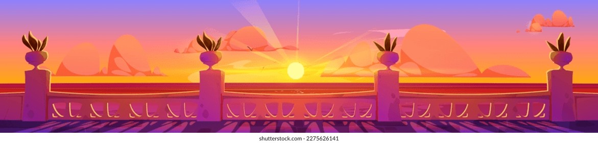 Hotel terrace empty view with sea and pink cloud in sky. Summer sunset vector background of indian palace balcony ocean landscape. Balustrade on ancient patio with potted plant. Baroque lounge design