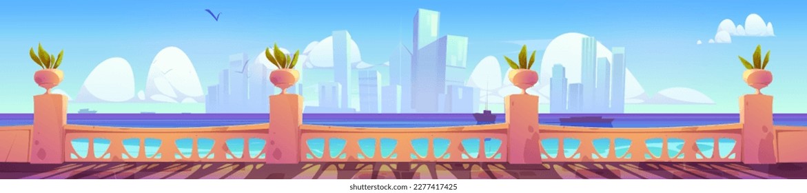 Hotel terrace empty view with sea, cloud and city skyline. Summer vector background of indian palace balcony ocean landscape. Balustrade on ancient patio with green plant. Baroque lounge design