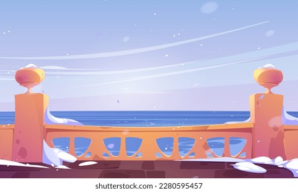 Hotel terrace empty view with sea and blue sky. Winter vector background of indian palace balcony with snow and ocean landscape. Balustrade on ancient patio with falling snow. Baroque lounge design
