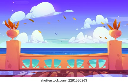 Hotel terrace empty view with sea and cloud in sky. Autumn vector background of indian palace balcony ocean landscape. Balustrade on ancient patio with fall orange potted plant, flying leaves