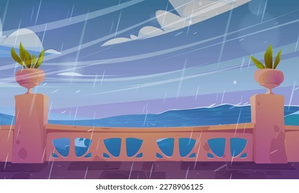 Hotel terrace empty view with stormy sea and rain. Summer vector bad windy weather background of indian palace balcony ocean landscape. Balustrade on ancient patio with green plant, baroque lounge