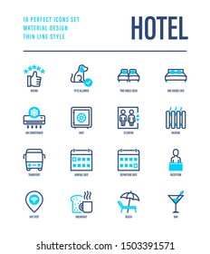 Hotel thin line icons set: rating, pet allowed, single bed, double bed, elevator, arrival date, departure date, heating, air conditioner, reception, wi-fi, breakfast, bar. Vector illustration.