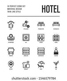 Hotel thin line icons set: rating, pet allowed, single bed, double bed, elevator, arrival date, departure date, heating, air conditioner, reception, wi-fi, breakfast, bar. Vector illustration.