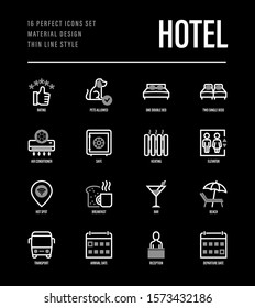 Hotel thin line icons set: rating, pet allowed, single bed, double bed, elevator, arrival date, departure date, heating, air conditioner, reception, wi-fi, breakfast, bar. Vector illustration.