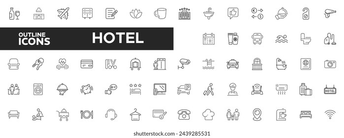 Conjunto de iconos de línea fina del hotel. Servicios hoteleros, descanso recreativo, relax, viajes. Ilustración de vector