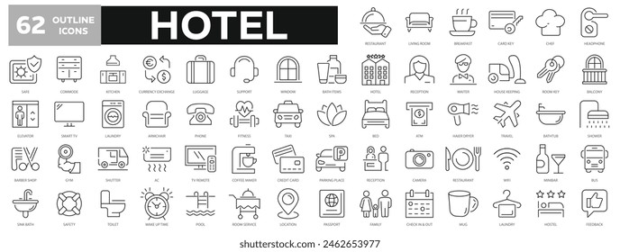 Conjunto de iconos de línea fina del hotel. Servicio de hotel. Símbolo de hospitalidad, habitación, servicio, reserva, chef, taxi, avión y más. Simple Ilustración vectorial.	