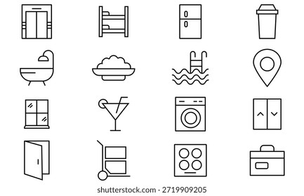 Conjunto de iconos de línea delgada del hotel. Conjunto de 16 iconos de contorno relacionados con hotel, restaurante, resort y más. Ilustración vectorial.