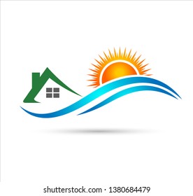 Hotel tourism holiday summer sea wave in green leaf vector logo in EPS 