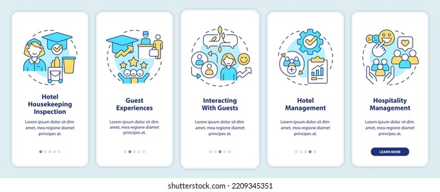 Hotel training programs onboarding mobile app screen. Guest experience walkthrough 5 steps editable graphic instructions with linear concepts. UI, UX, GUI template. Myriad Pro-Bold, Regular fonts used