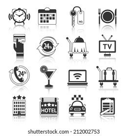 Hotel travel accommodation black pictograms set of room breakfast service alarm and 24h reception isolated vector illustration