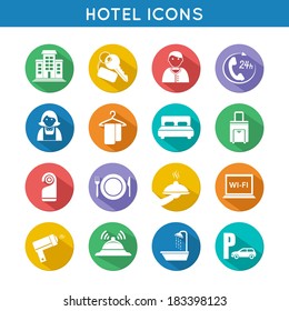 Hotel travel accommodation color icons set of restaurant food towel and bed isolated vector illustration