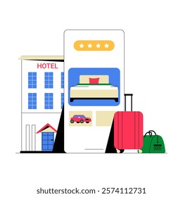 Hotel With Travel Booking App And Luggage In Flat Vector Illustration Symbolizing Tourism, Hospitality, And Digital Reservation, Isolated On White Background.