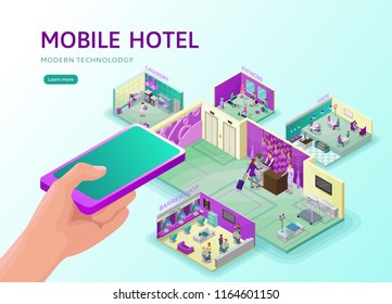 Hotel travel online concept,  landing page template, mobile booking app background with isometric flat icon of building, barbershop, cafe, laundry, fitness sport club, 3d vector illustration