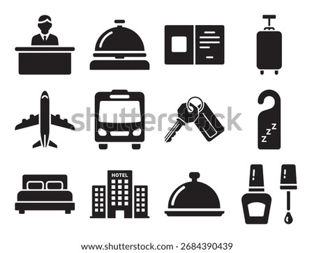 Hotel and travel services solid glyph icon set for accommodation and booking showing bed plane and other symbols for hospitality and tourism industry