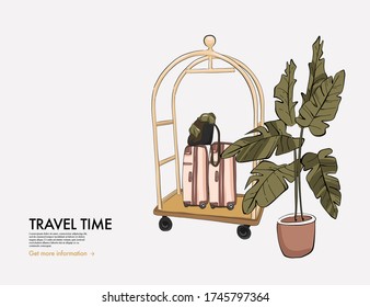 Hotel trolley with luggage, check bag cart in luxury lobbey.  Vacation travel illustration, baggage icon, tourism art. Vector business travel  sketch with lobbey bellboy service vector.