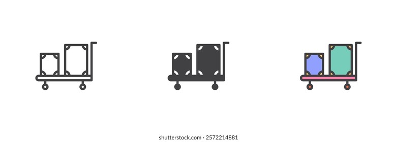 Hotel trolley with luggage different style icon set. Line, glyph and filled outline colorful version, outline and filled vector sign. Luggage cart symbol, logo illustration. Vector graphics