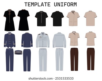 Los uniformes del hotel incluyen Recepcionista, Reservación, Campanero, Seguridad. Diseño plano de la parte delantera y trasera. uniforme de Plantilla 