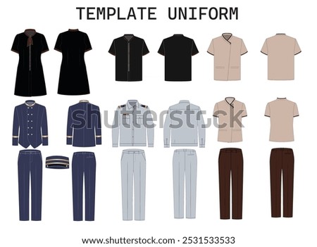 Hotel uniforms include Receptionist, Reservation, Bell man, Security. Flat design of front and back. Template uniform 