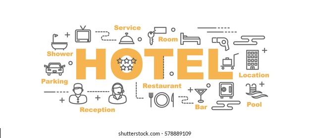 hotel vector banner design concept, flat style with thin line art icons on white background
