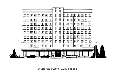 Hotel vector black line illustration isolated white. Sketch art