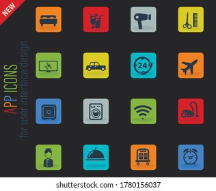 Iconos web de color de vector de hotel sobre fondo oscuro para el diseño de la interfaz de usuario