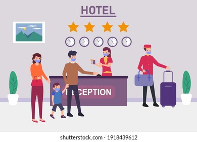 Hotel vector concept: Young family checking in at receptionist hotel while bellboy carrying their luggage 