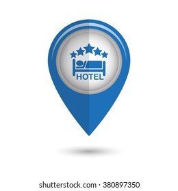 hotel - vector icon;  blue map pointer