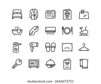Hotel Vector Icon Set | Adjustable Line Weight | Bed, key, robe, safe, room, service, pillow, slippers, spa, hanger, amenities, pool, dining, comfort icons
