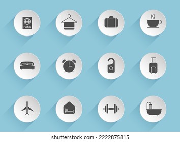 Vektorsymbole des Hotels auf runden, puffigen Papierkreisen mit transparentem Hintergrund. Stock-Vektorsymbole von Hotels für Web-, Mobil- und Benutzeroberfläche