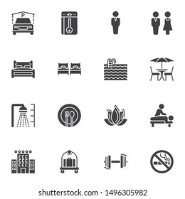 Hotel vector icons set, modern solid symbol collection filled style pictogram pack. Signs logo illustration. Set includes icons as car parking, five stars hotel building, swimming pool, electronic key