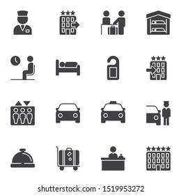 Hotel vector icons set, modern solid symbol collection, filled style pictogram pack. Signs, logo illustration. Set includes icons as reception service, five star hotel rating, car parking, elevator