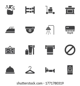 Hotel vector icons set, modern solid symbol collection, filled style pictogram pack. Signs, logo illustration. Set includes icons as double room bed, towel, shower, air conditioner, security camera