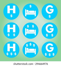 Hotel vector icons set on blue.