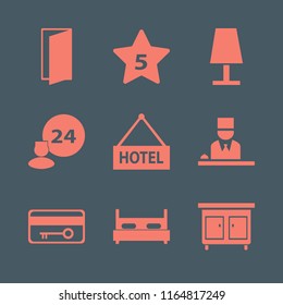 hotel vector icons set. with hotel reception, hotel, room service and double bed in set