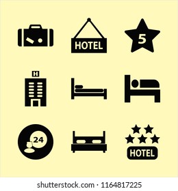 hotel vector icons set. with room service, double bed, bed and hotel building in set