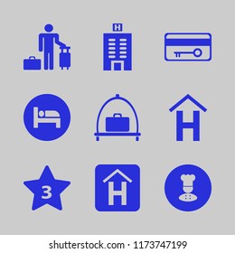 hotel vector icons set. with hotel sign, bed, key card and hotel building in set