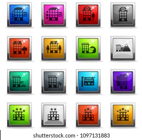 hotel vector icons in square colored buttons for web and user interface design