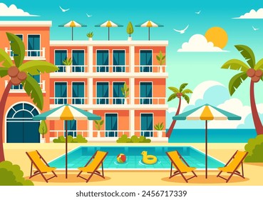 Hotel Vector Illustration of interior and exterior with building on green grass, beach and promenade street and palm trees in Flat Cartoon Background